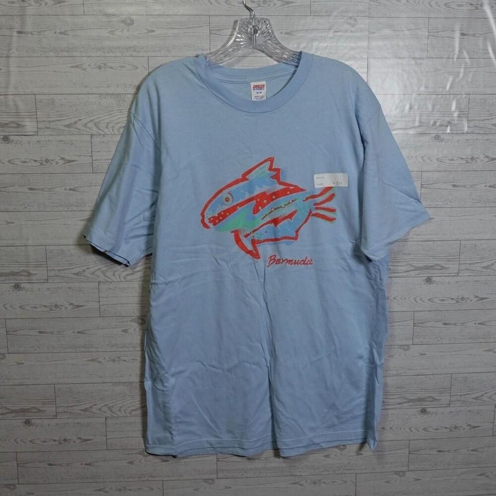 Vintage Single Stitch T Shirt Graphic TAGGED XL 90s Bermuda Fishe Blue Tee